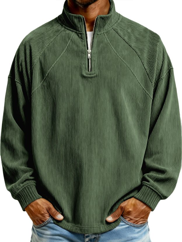 Men's Simple Corduroy Ribbed Quarter-zip Raglan Sleeve Pullover Polo Shirt