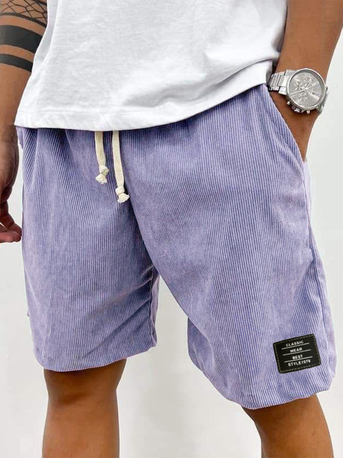 Men's Stylish Corduroy Simple Embroidered Label Holiday Casual Shorts