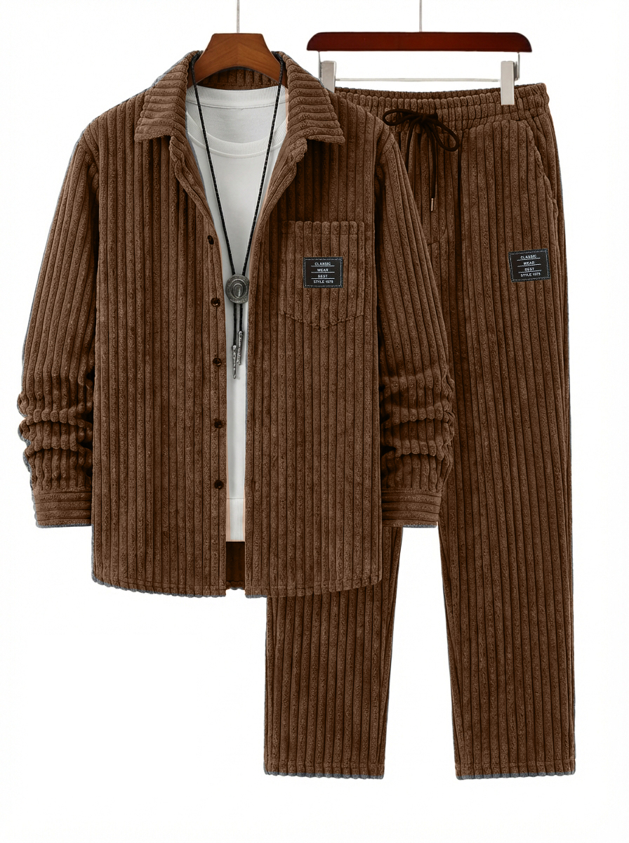 Men's Retro Corduroy Striped Shirt and Pants Set OOTD