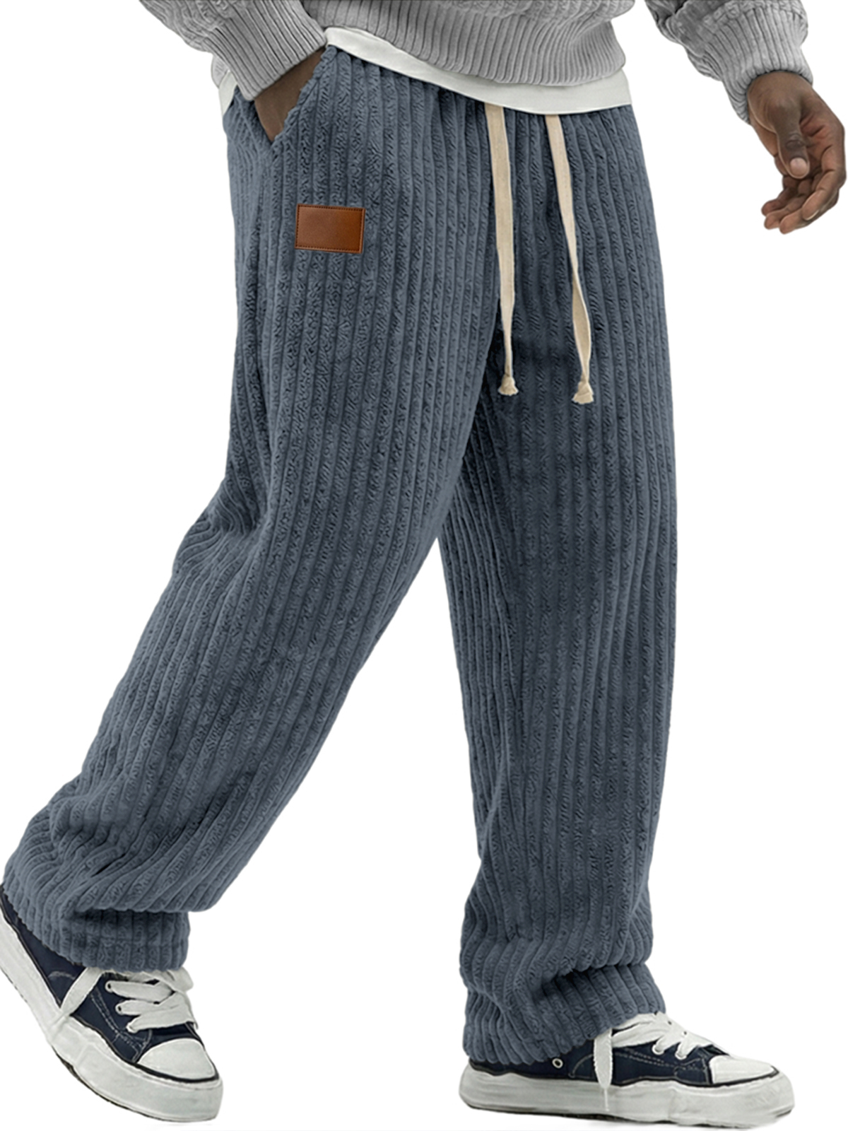 Men's Simple Soft Corduroy Pants with Leather Embroidery Patchwork