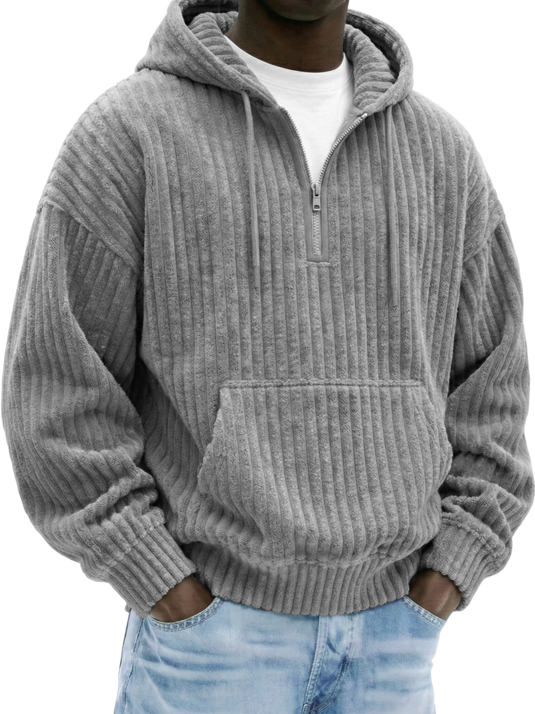 Men's Vintage Comfort Corduroy Textured Half-zip Hooded Sweatshirt