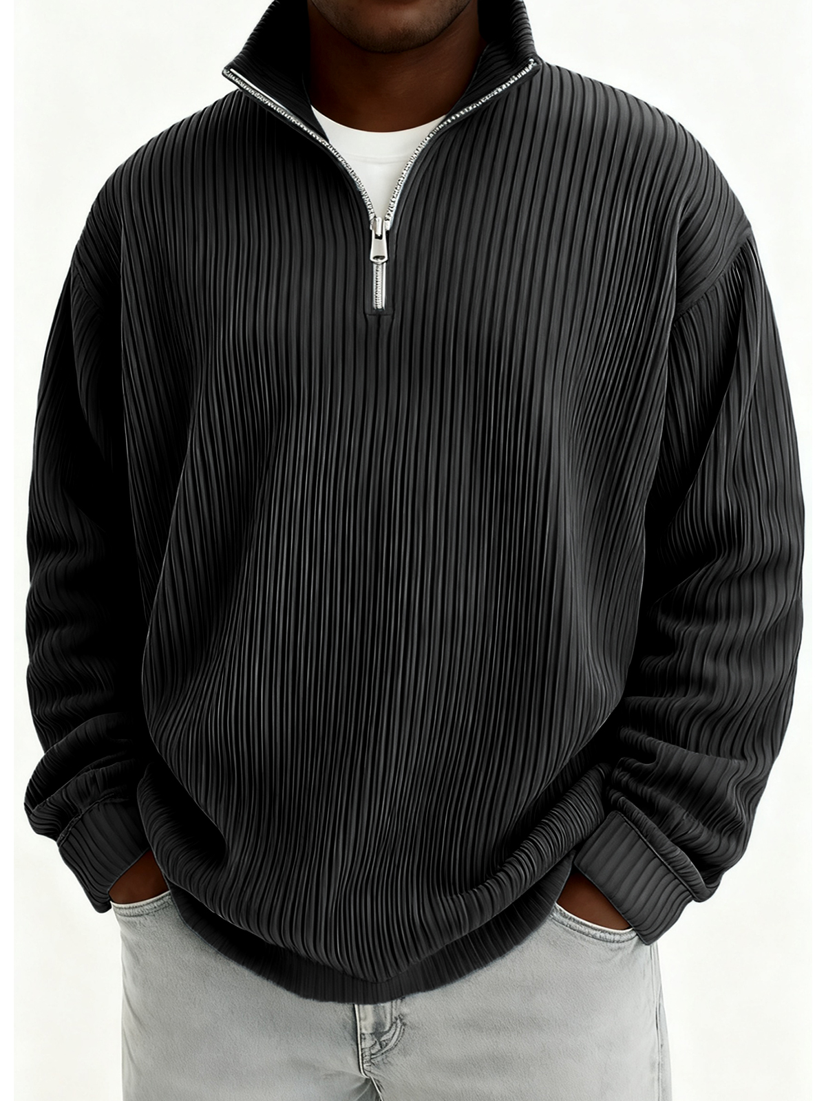 Men's Quarter-Zip Stylish Pleated Ribbed Pullover