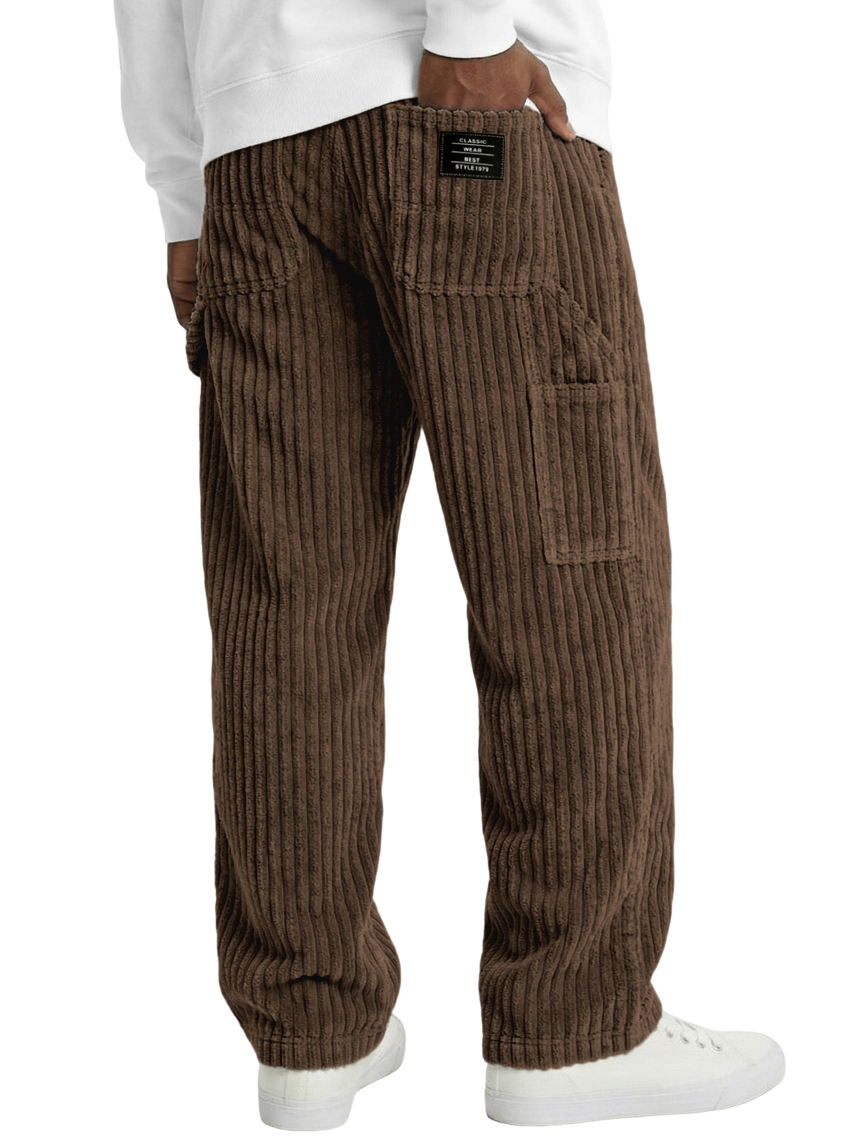 Men's Vintage Practical Corduroy Trousers with Multiple Pockets and Embroidered Label