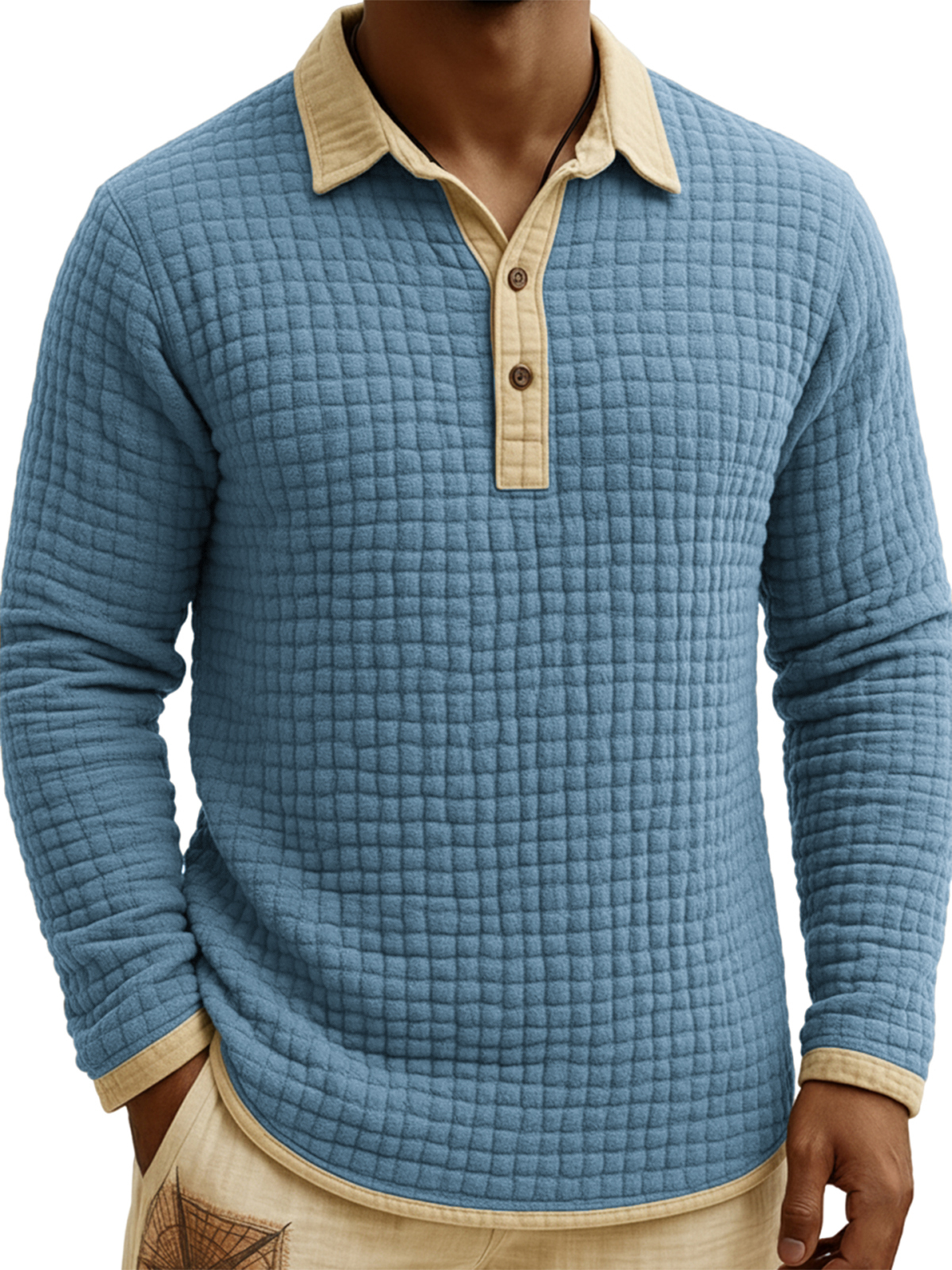 Men's Jacquard Quilted Waffle Contrast Color Pullover Button-down Polo Shirt