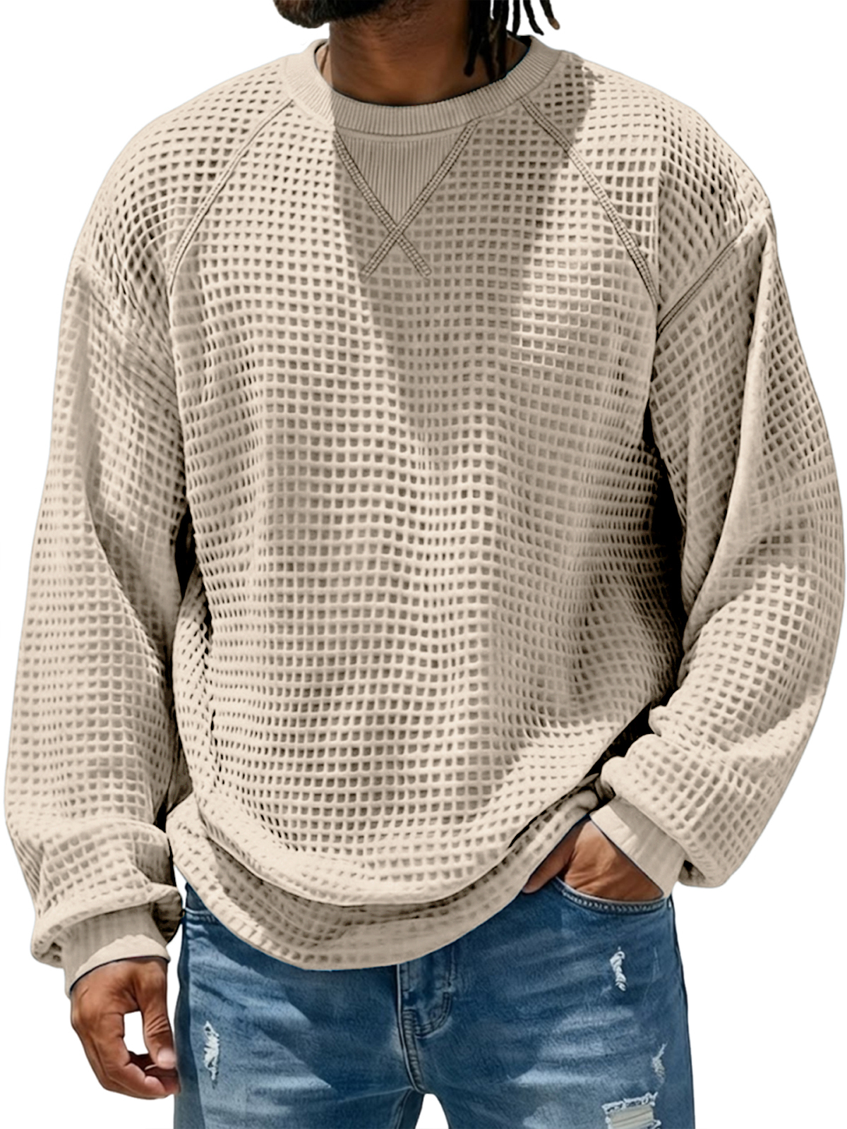 Men's Breathable Waffle Textured Raglan Patchwork Basic Pullover Top