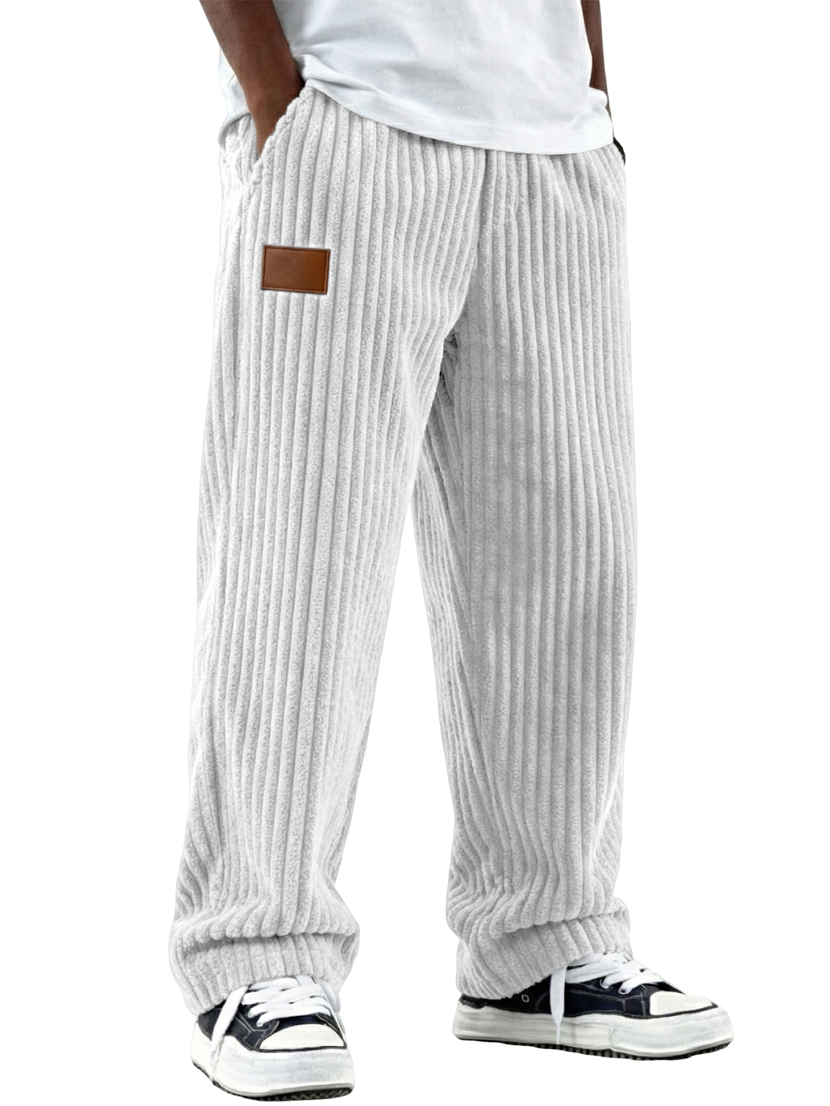 Men's Vintage Comfort Corduroy Pants with Leather Embroidery Patchwork