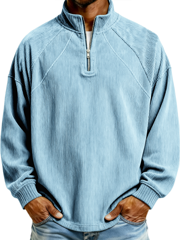 Men's Simple Corduroy Ribbed Quarter-zip Raglan Sleeve Pullover Polo Shirt
