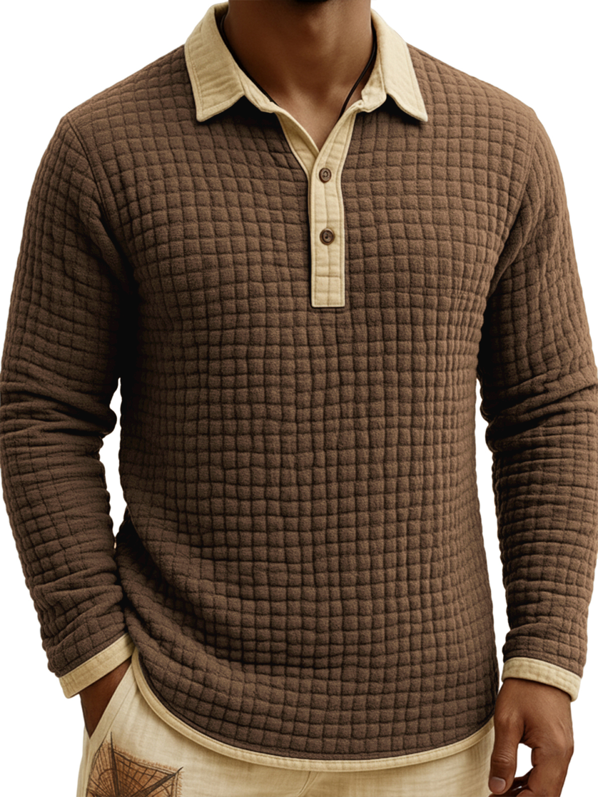 Men's Jacquard Quilted Waffle Contrast Color Pullover Button-down Polo Shirt