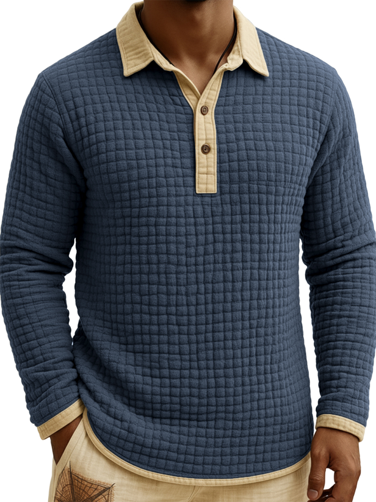 Men's Jacquard Quilted Waffle Contrast Color Pullover Button-down Polo Shirt