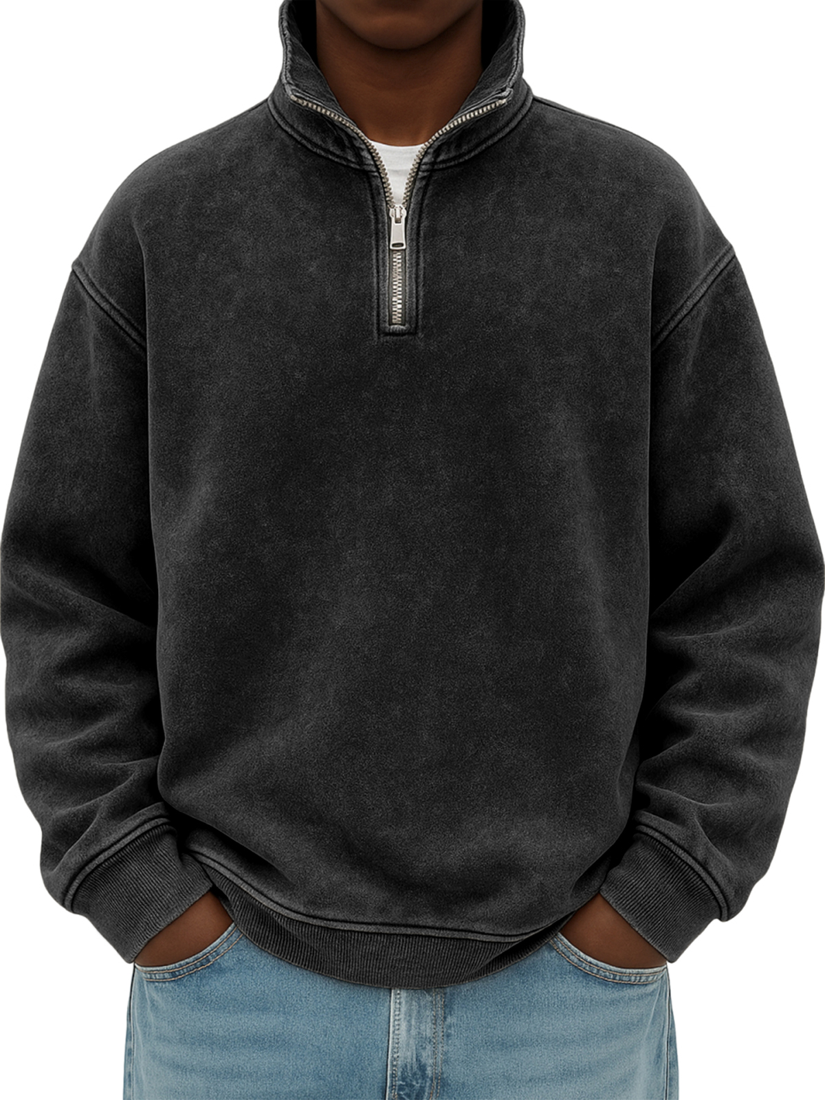 Men's Stylish Quarter-zip Distressed Stand Collar Basic Pullover