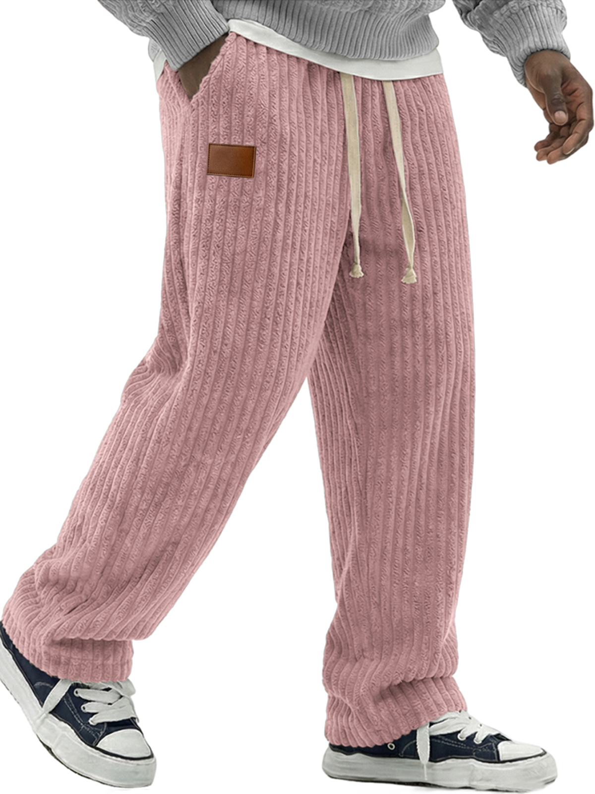 Men's Simple Soft Corduroy Pants with Leather Embroidery Patchwork