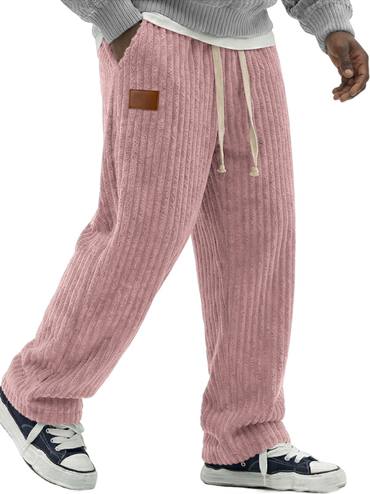 Men's Simple Soft Corduroy Pants with Leather Embroidery Patchwork