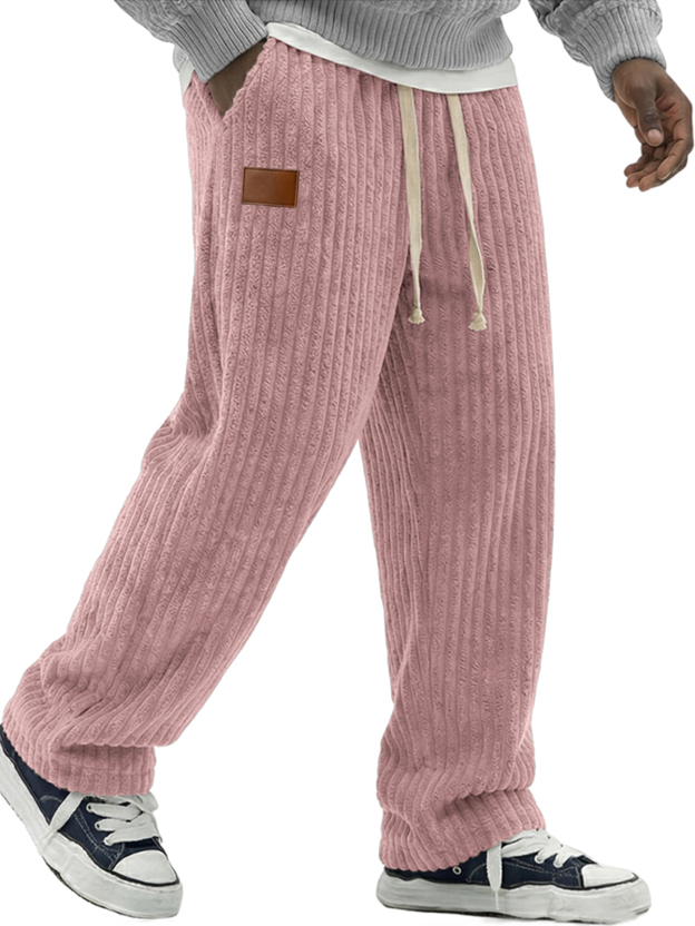 Men's Simple Soft Corduroy Pants with Leather Embroidery Patchwork