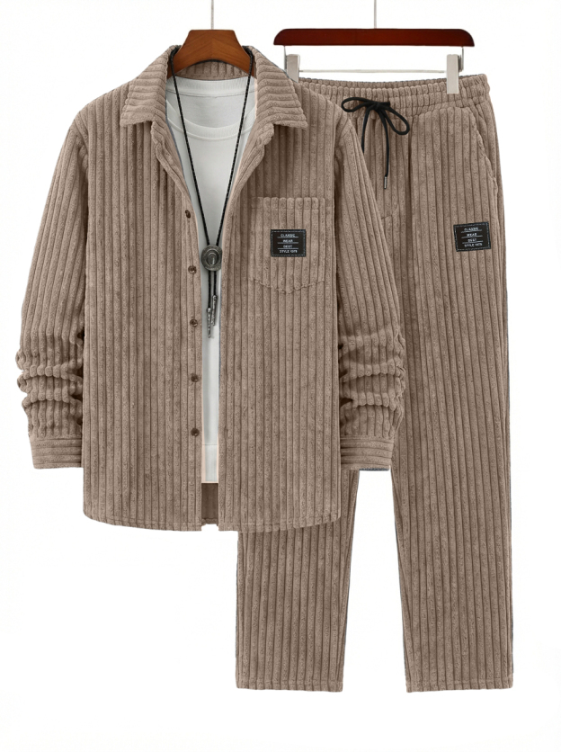 Men's Retro Corduroy Striped Shirt and Pants Set OOTD