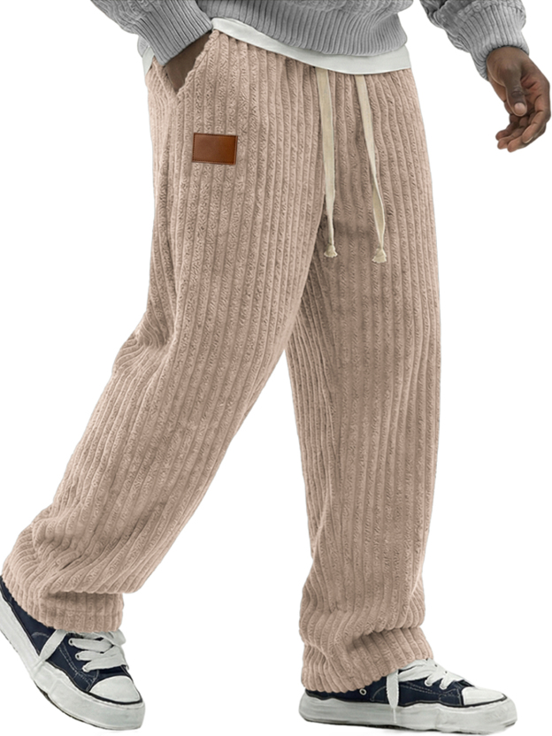 Men's Simple Soft Corduroy Pants with Leather Embroidery Patchwork