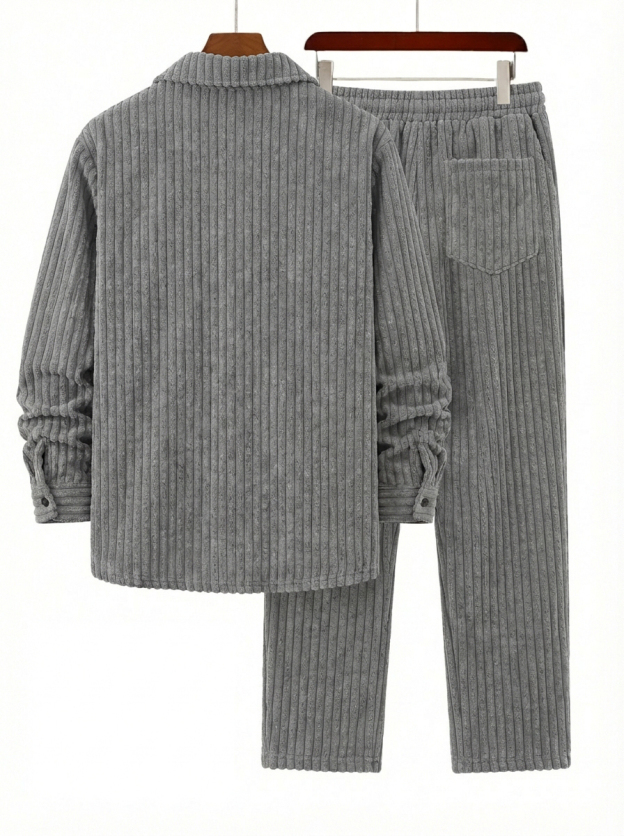 Men's Retro Corduroy Striped Shirt and Pants Set OOTD