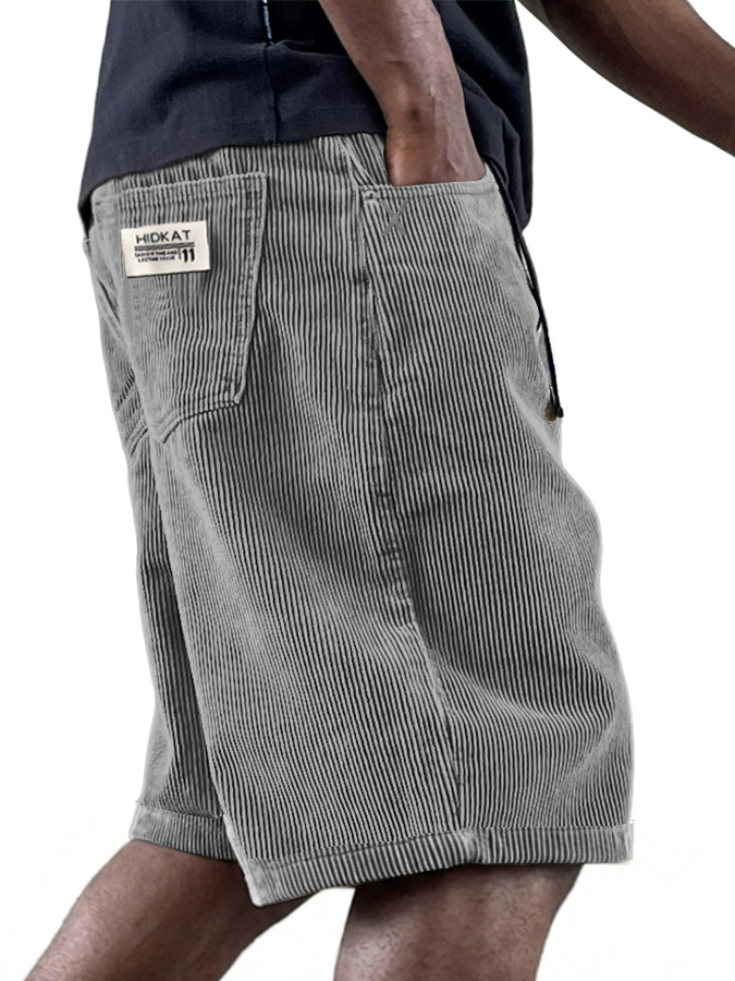 Men's Casual Retro Multi Pocket Embroidered Logo Workwear Corduroy Shorts