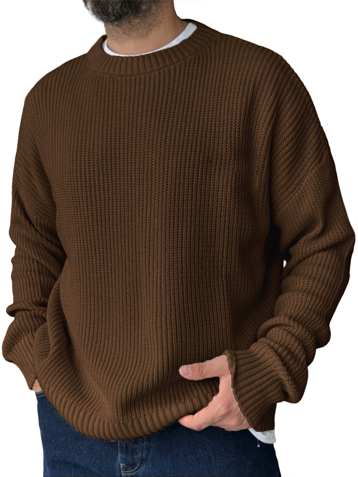 Men's Loose Casual Retro Knitted Sweater Crew Neck Top