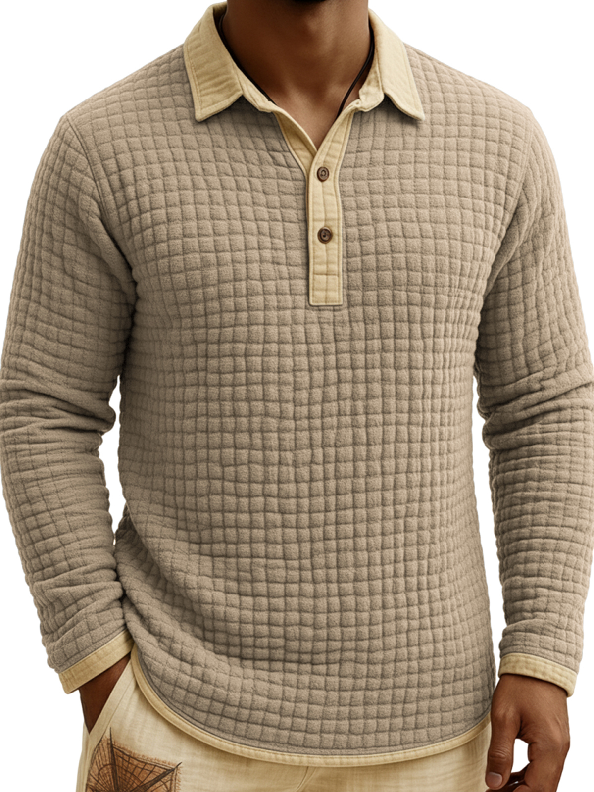 Men's Jacquard Quilted Waffle Contrast Color Pullover Button-down Polo Shirt