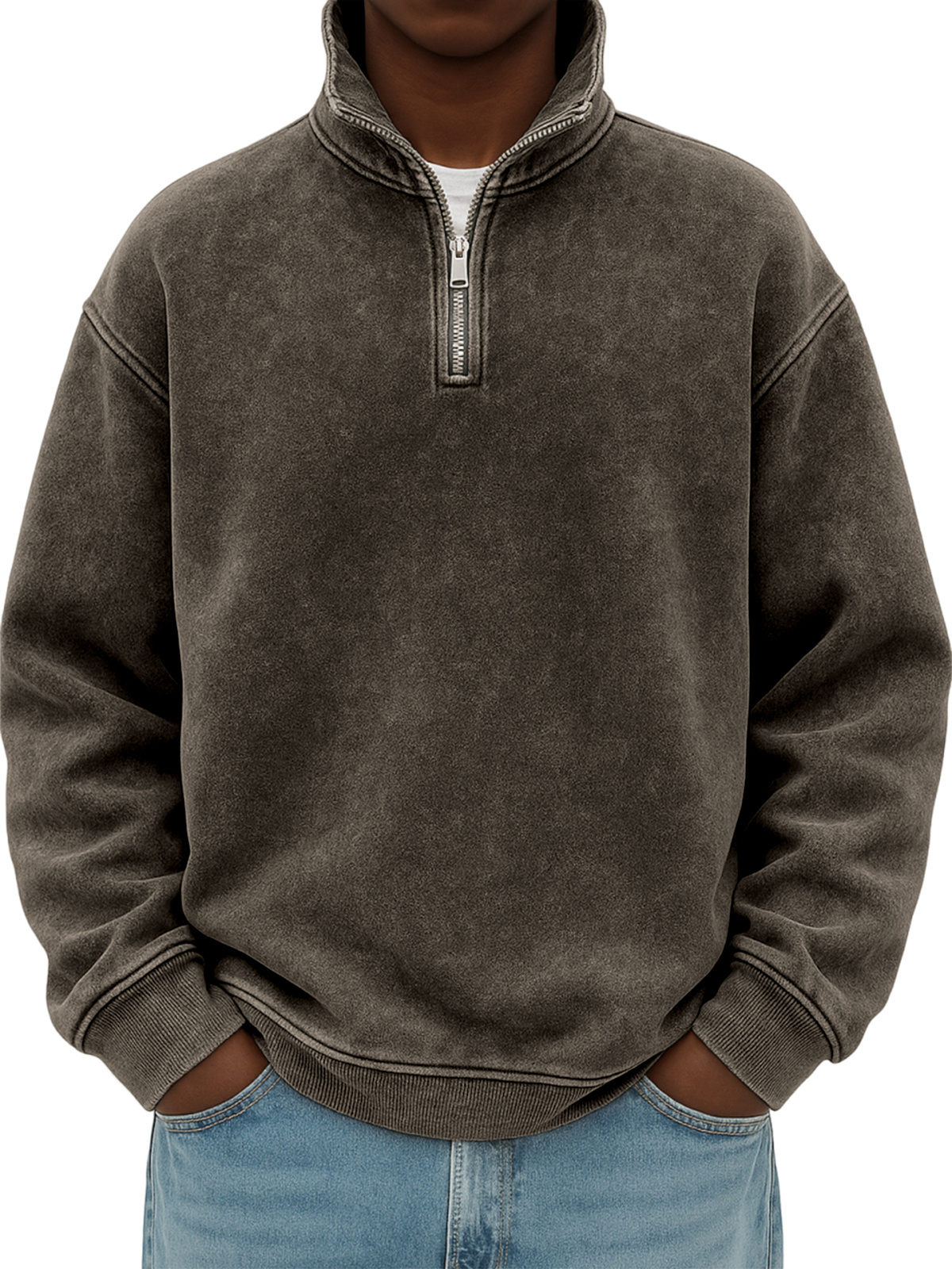 Men's Stylish Quarter-zip Distressed Stand Collar Basic Pullover