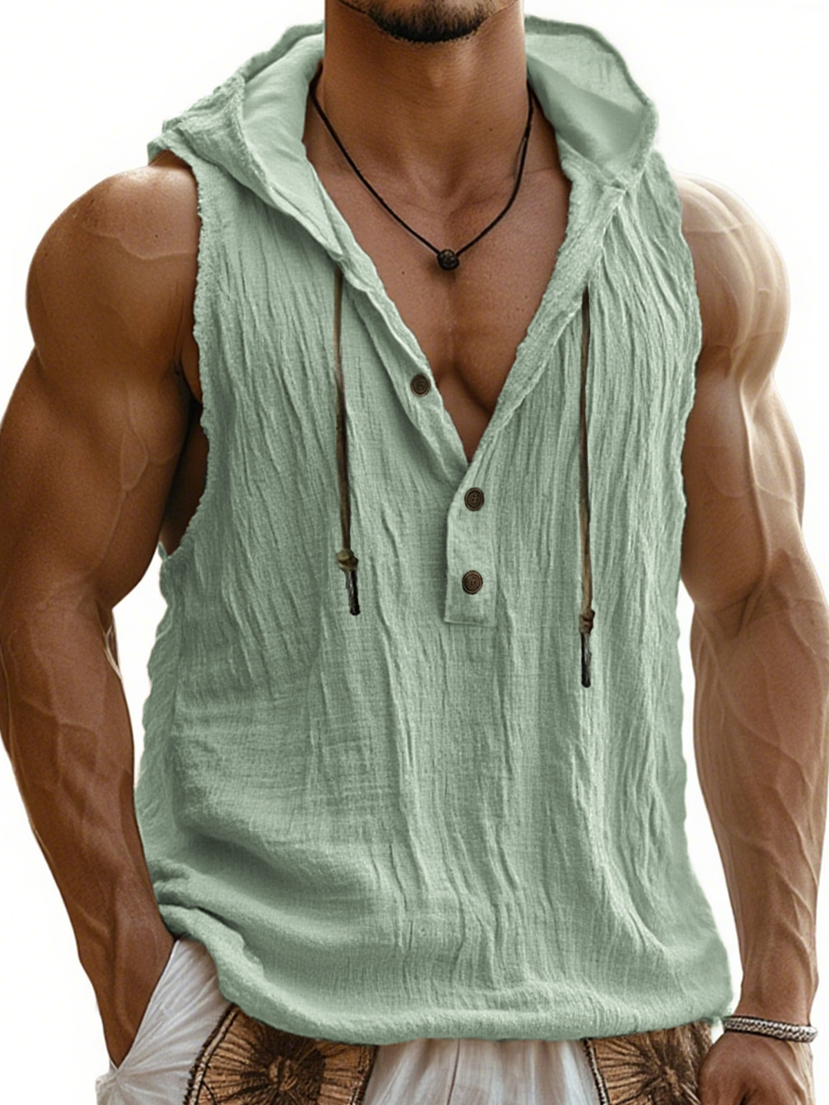 Men's Comfort Linen Sun-proof Drawstring Hooded Sleeveless Vest Vacation Henley Shirt
