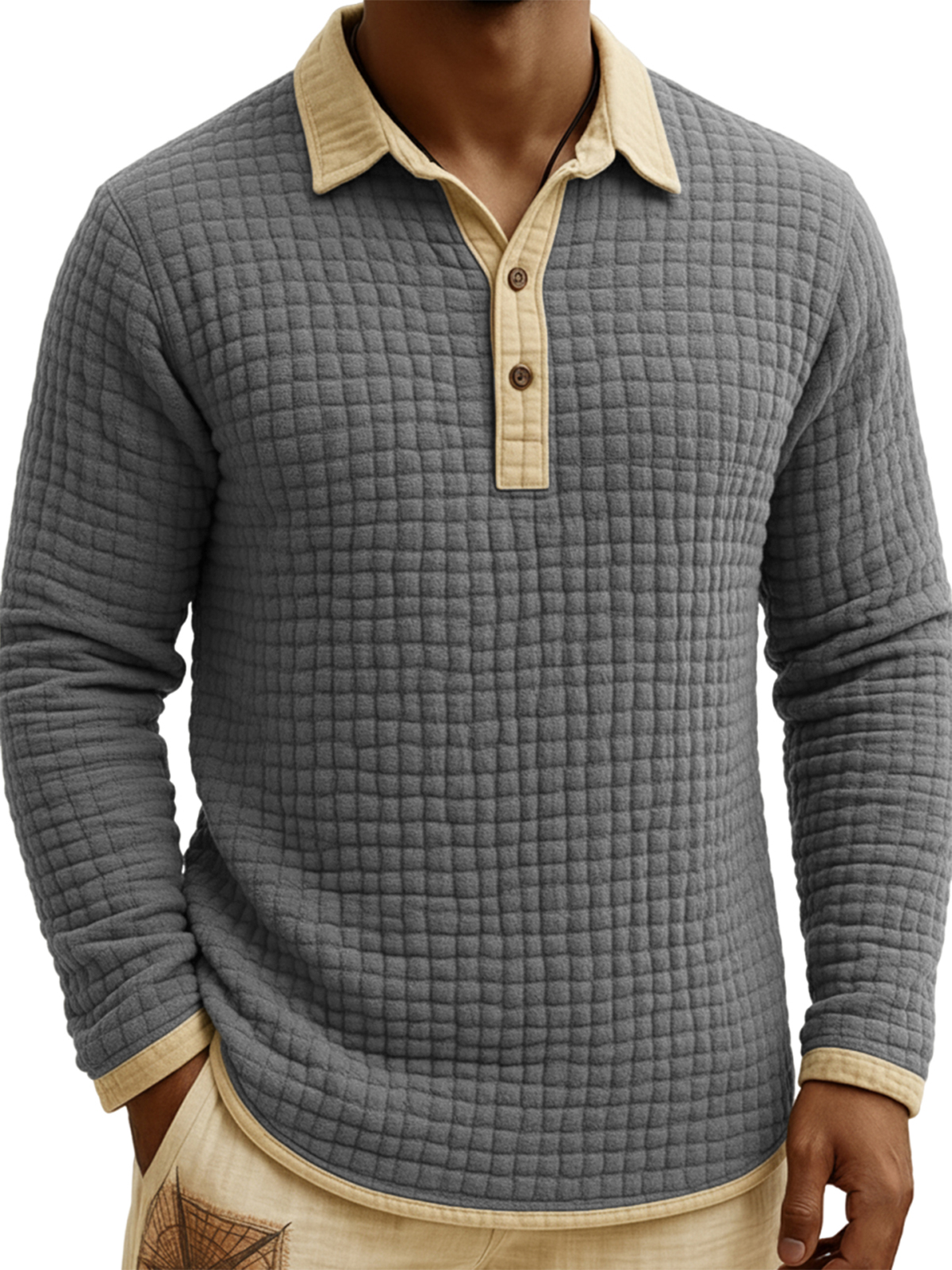 Men's Jacquard Quilted Waffle Contrast Color Pullover Button-down Polo Shirt