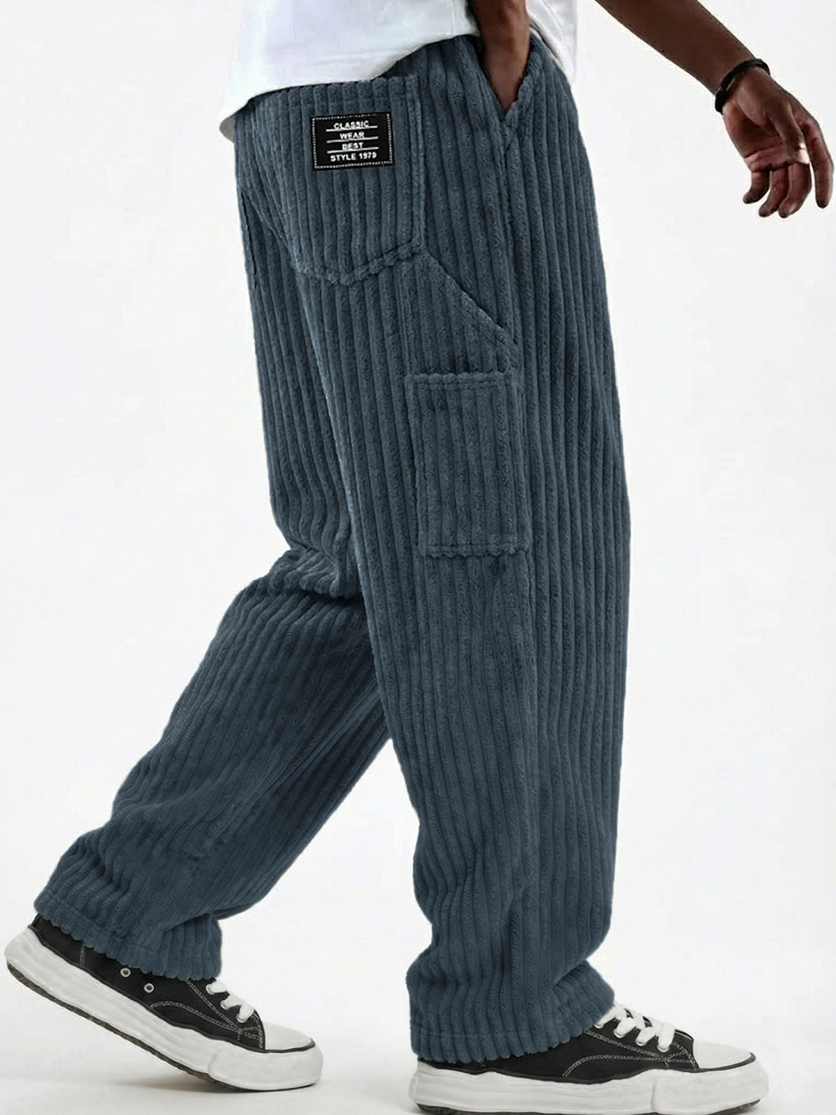 Vintage Wide-Corduroy Textured Multi-pocket Comfort Pants with Embroidery