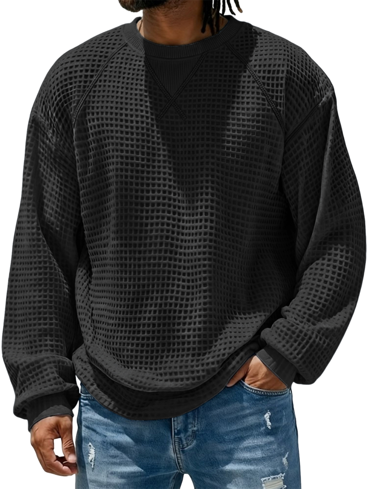 Men's Breathable Waffle Textured Raglan Patchwork Basic Pullover Top