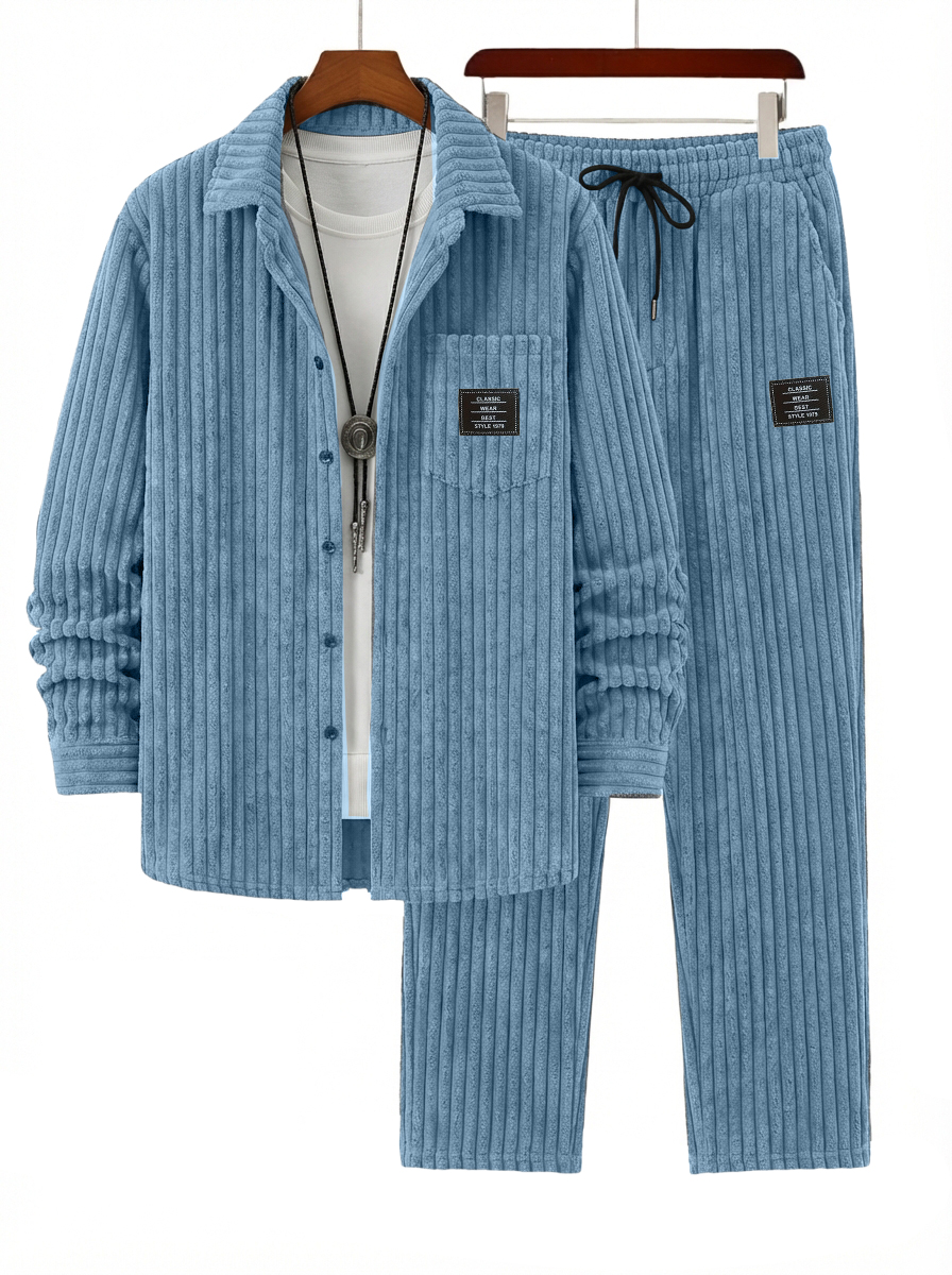 Men's Retro Corduroy Striped Shirt and Pants Set OOTD