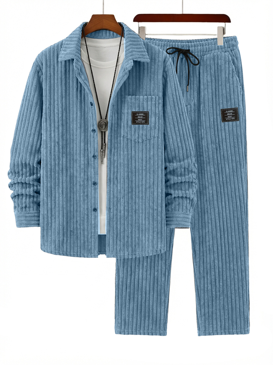 Men's Retro Corduroy Striped Shirt and Pants Set OOTD