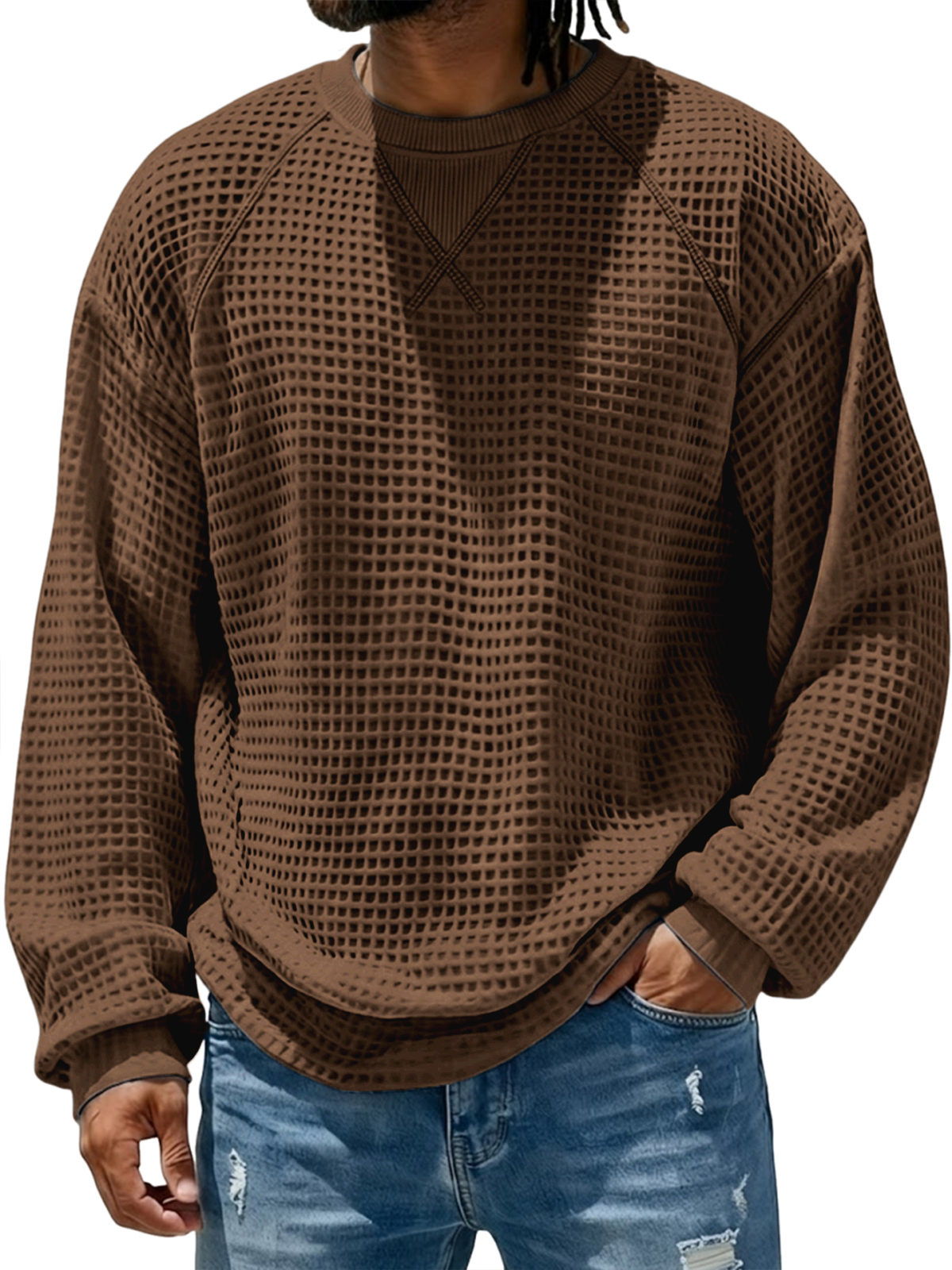 Men's Breathable Waffle Textured Raglan Patchwork Basic Pullover Top