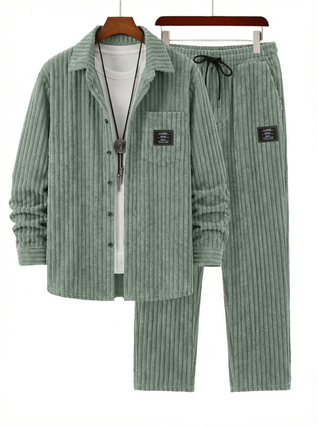 Men's Retro Corduroy Striped Shirt and Pants Set OOTD