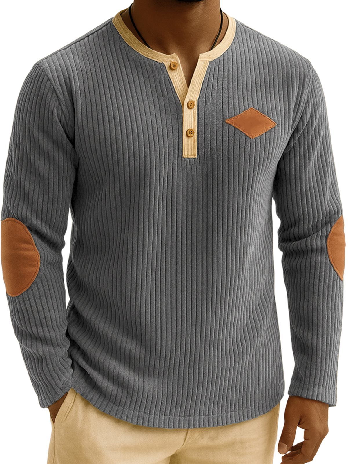 Men's Vintage Ribbed Corduroy Embroidered Patchwork Henley Shirt