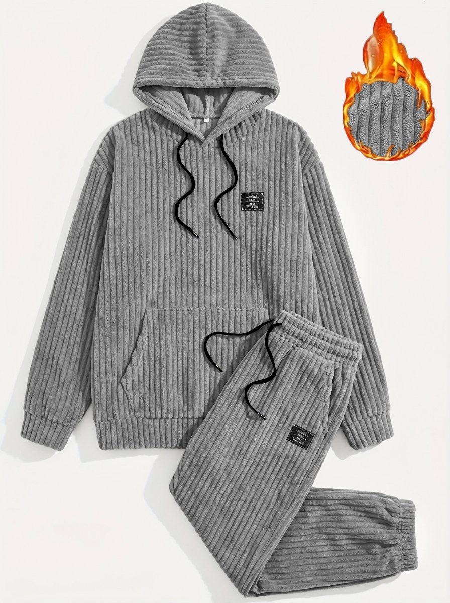 Men's Vintage Corduroy Hooded Sweatshirt and Pants Set OOTD