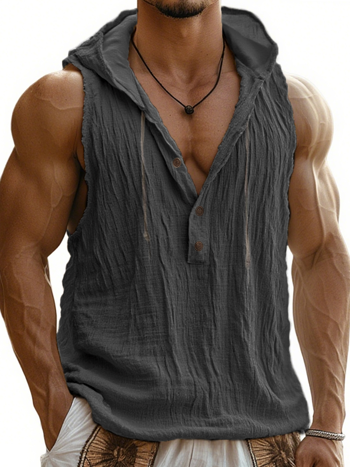 Men's Comfort Linen Sun-proof Drawstring Hooded Sleeveless Vest Vacation Henley Shirt