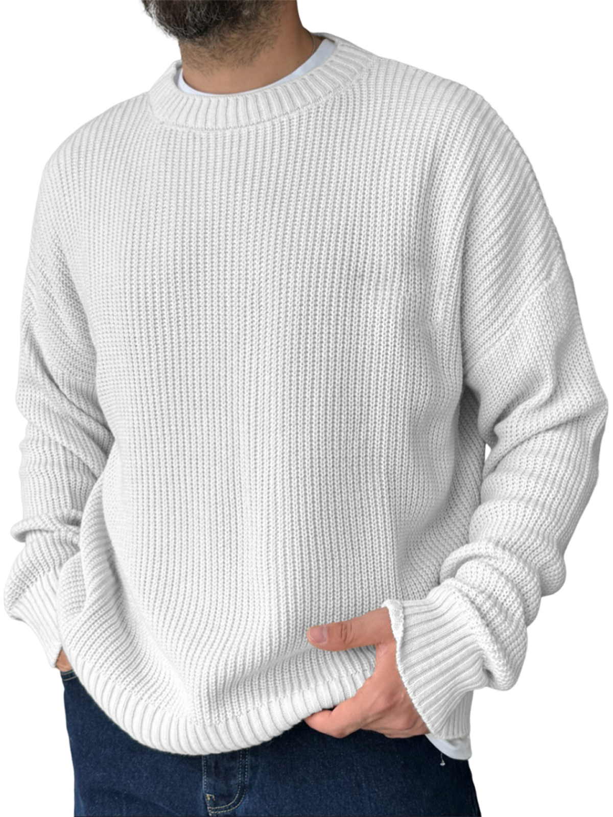 Men's Loose Casual Retro Knitted Sweater Crew Neck Top