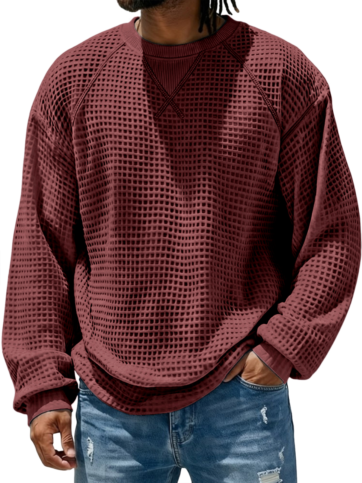 Men's Breathable Waffle Textured Raglan Patchwork Basic Pullover Top