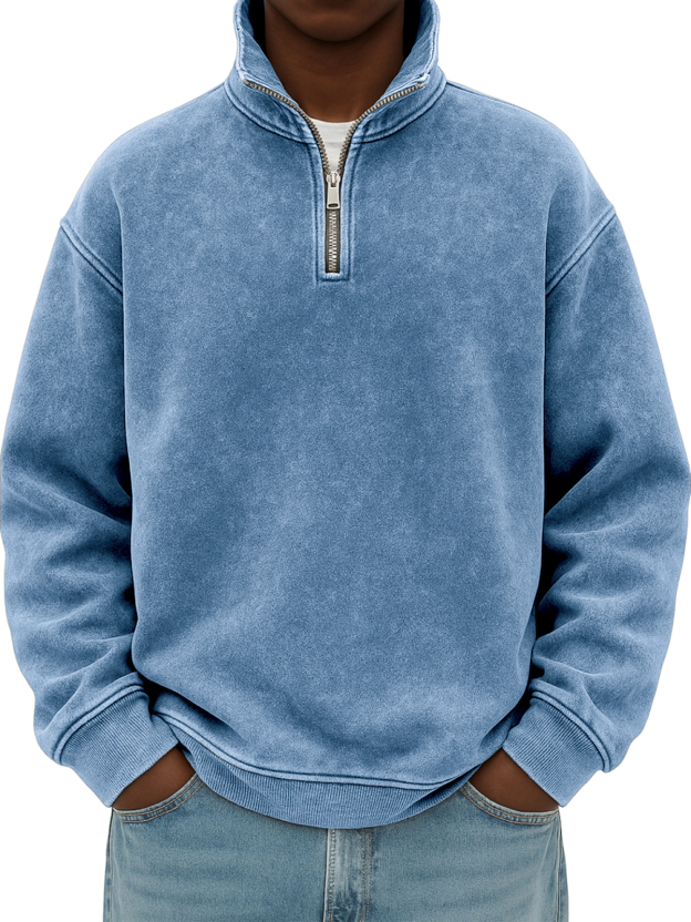 Men's Stylish Quarter-zip Distressed Stand Collar Basic Pullover