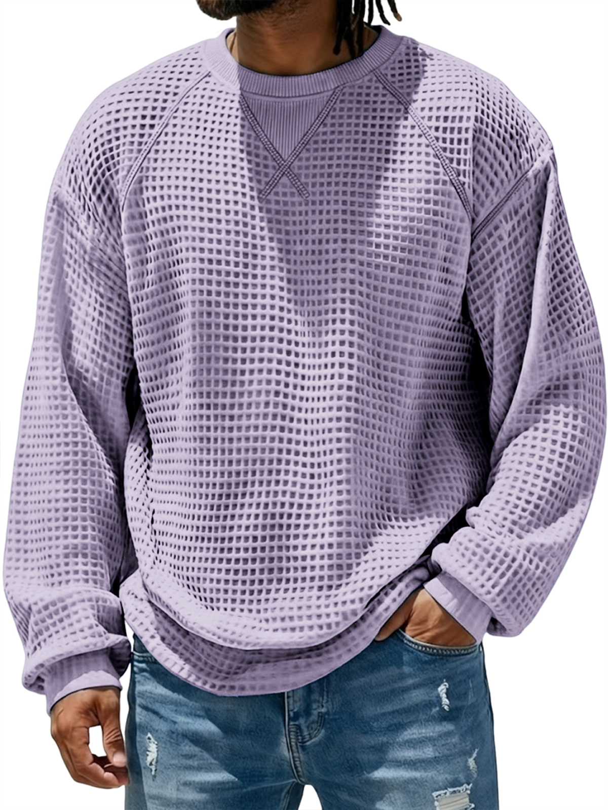 Men's Breathable Waffle Textured Raglan Patchwork Basic Pullover Top