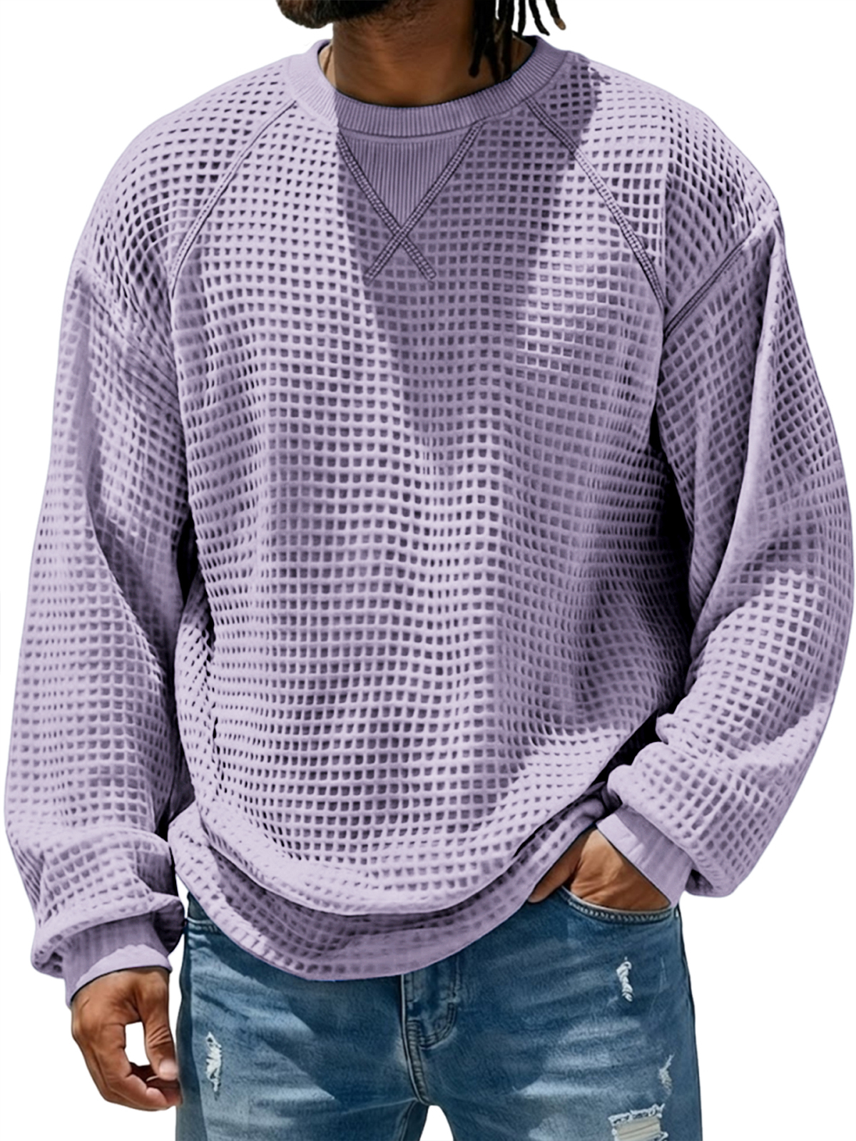 Men's Breathable Waffle Textured Raglan Patchwork Basic Pullover Top