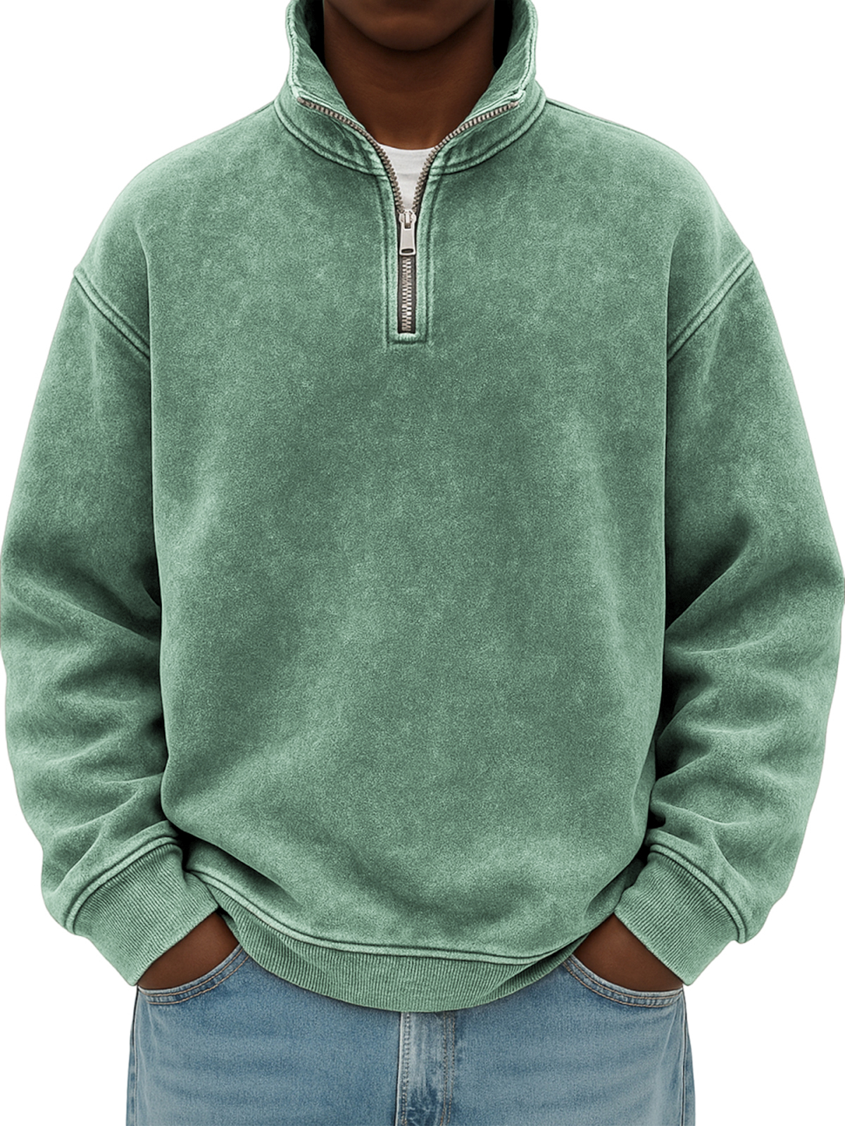 Men's Stylish Quarter-zip Distressed Stand Collar Basic Pullover