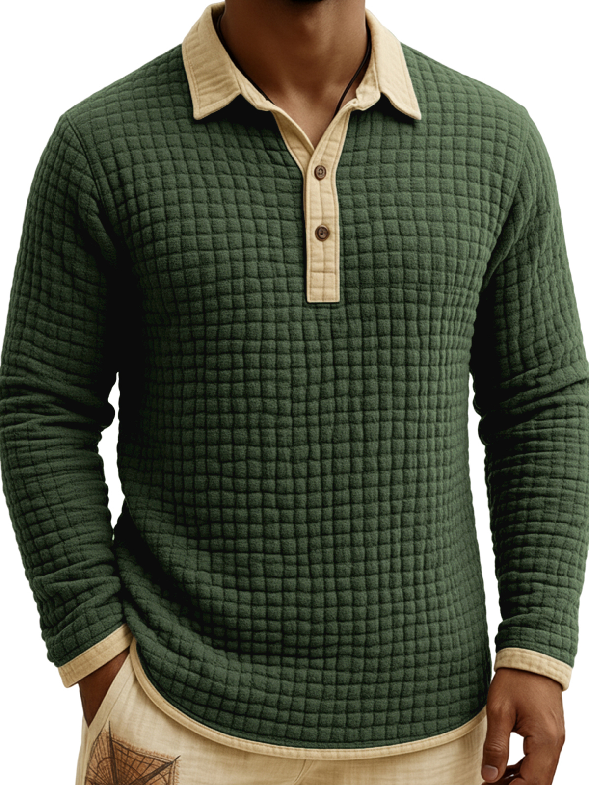 Men's Jacquard Quilted Waffle Contrast Color Pullover Button-down Polo Shirt