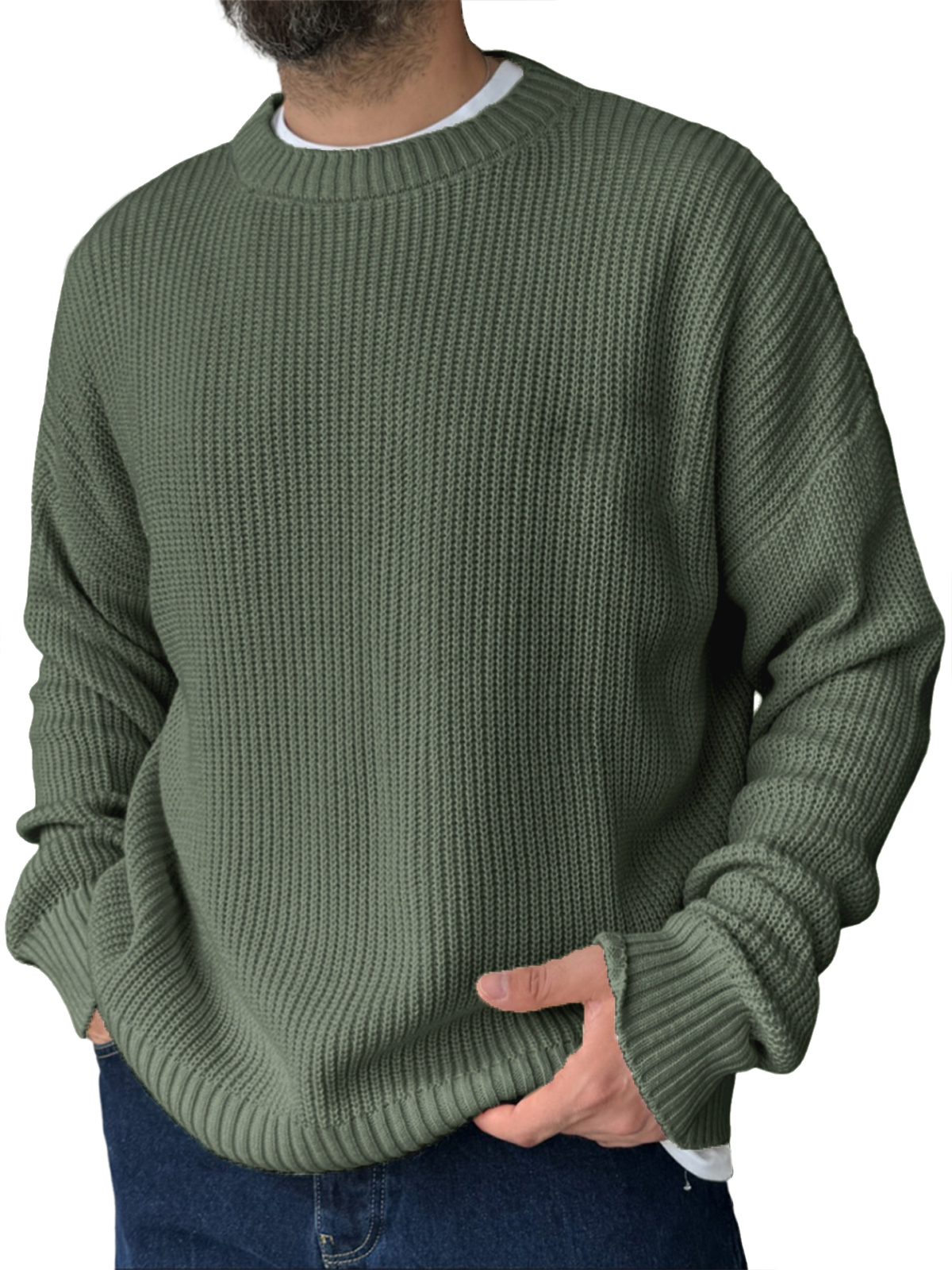 Men's Loose Casual Retro Knitted Sweater Crew Neck Top