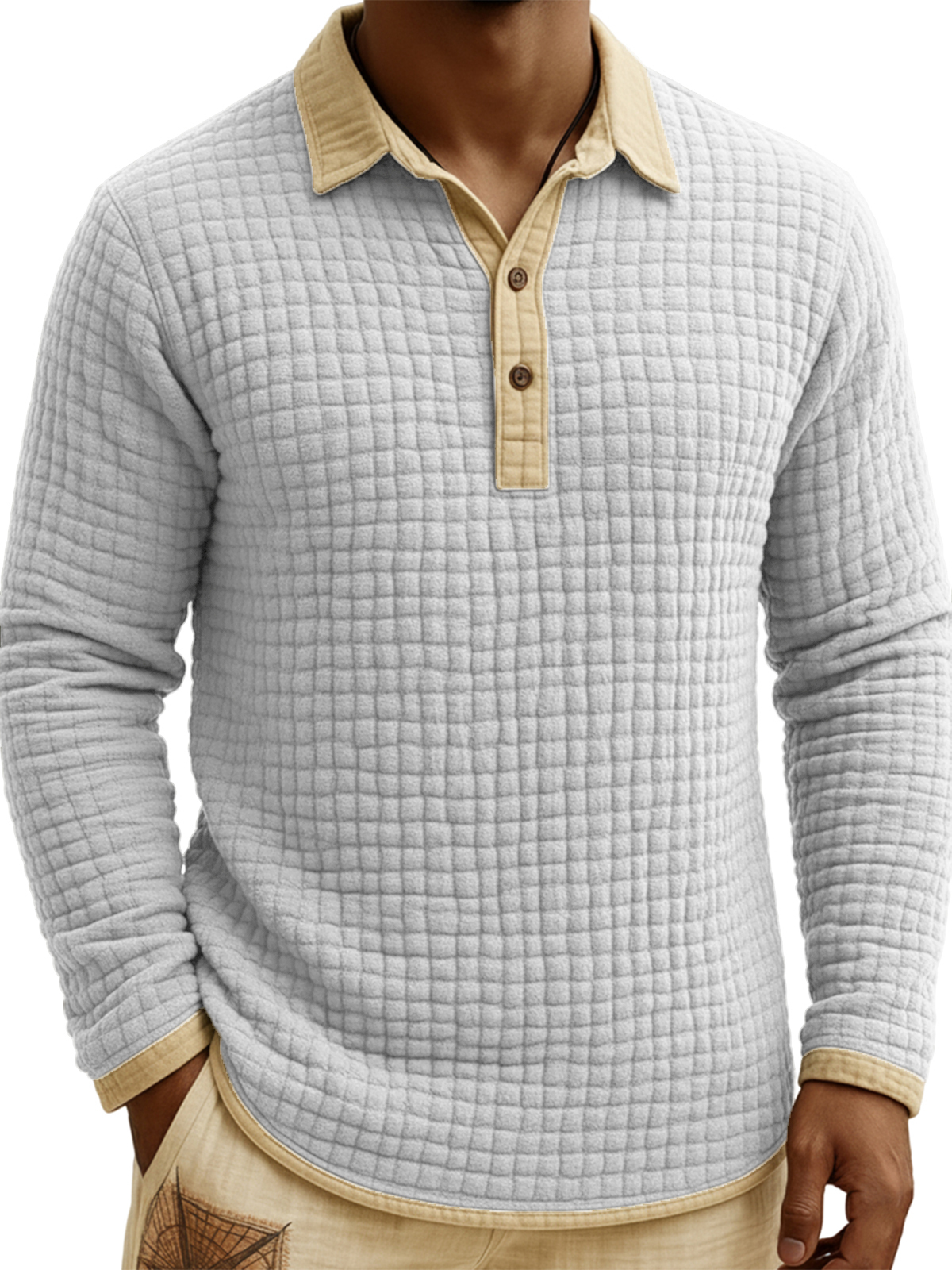 Men's Jacquard Quilted Waffle Contrast Color Pullover Button-down Polo Shirt