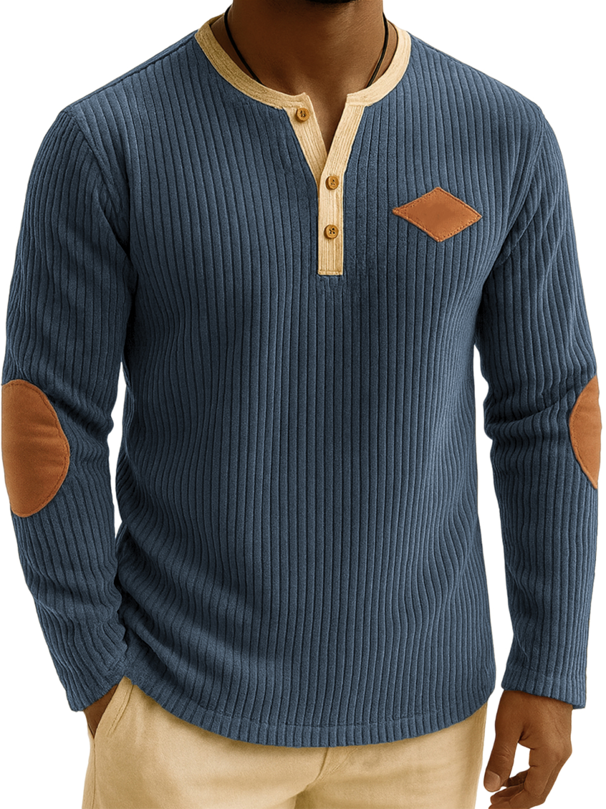 Men's Vintage Ribbed Corduroy Embroidered Patchwork Henley Shirt