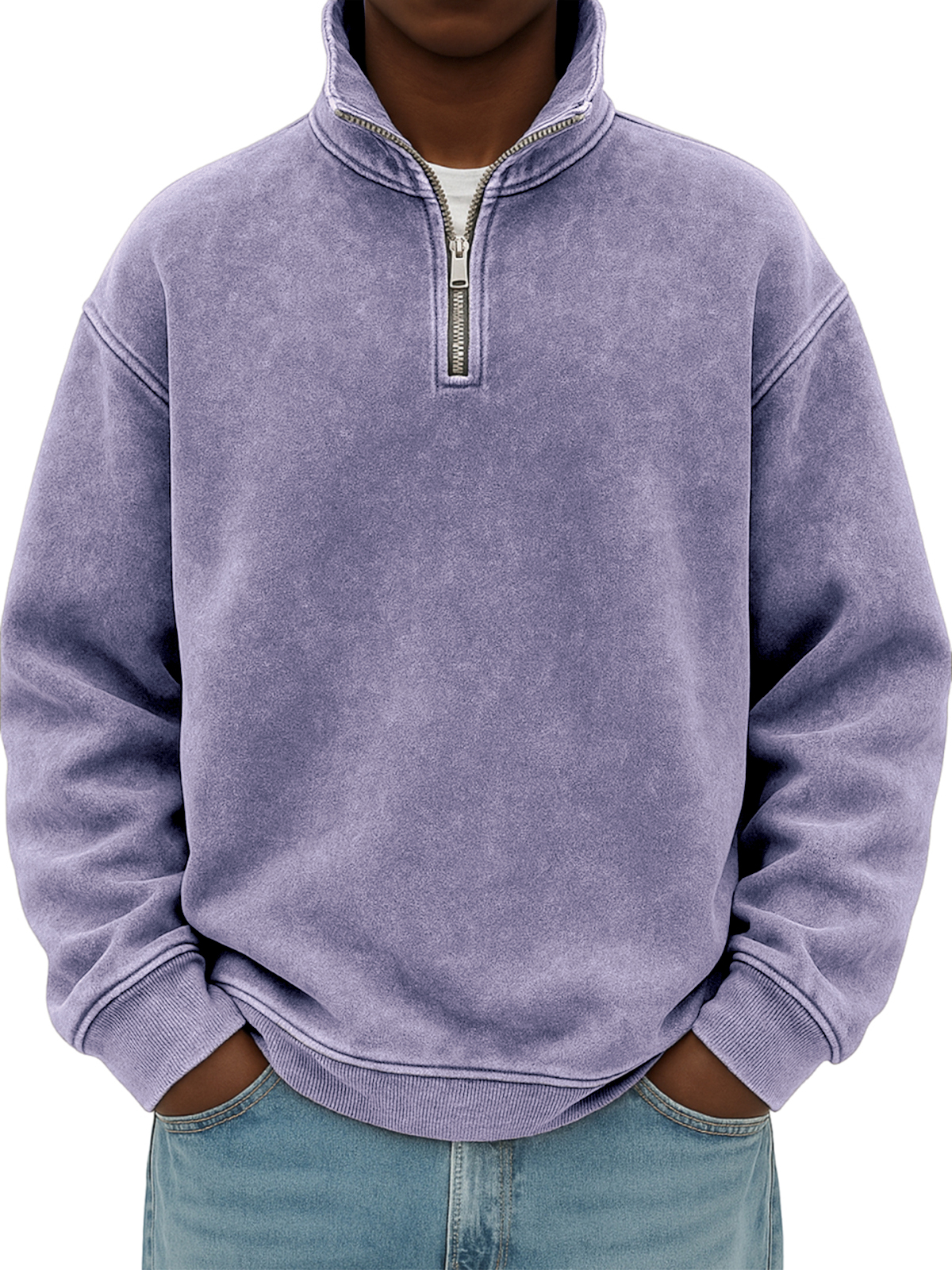 Men's Stylish Quarter-zip Distressed Stand Collar Basic Pullover