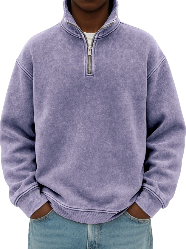 Men's Stylish Quarter-zip Distressed Stand Collar Basic Pullover