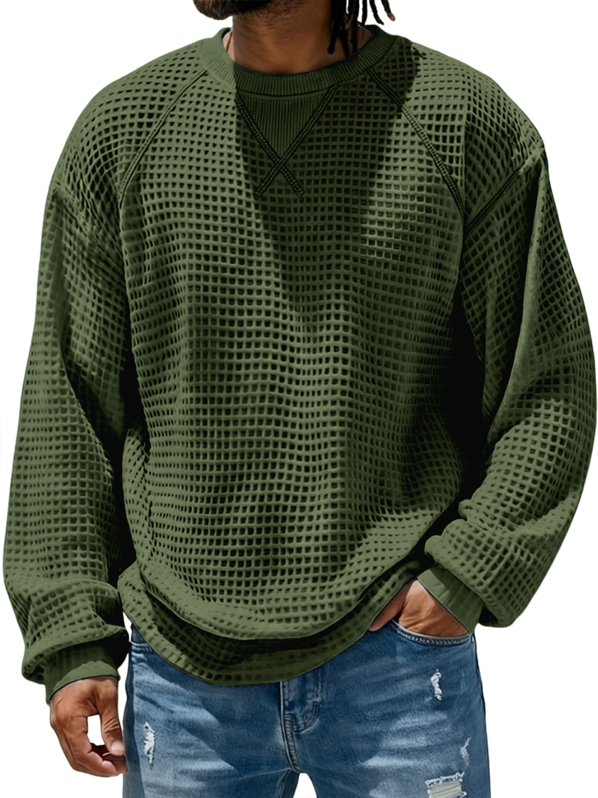 Men's Breathable Waffle Textured Raglan Patchwork Basic Pullover Top