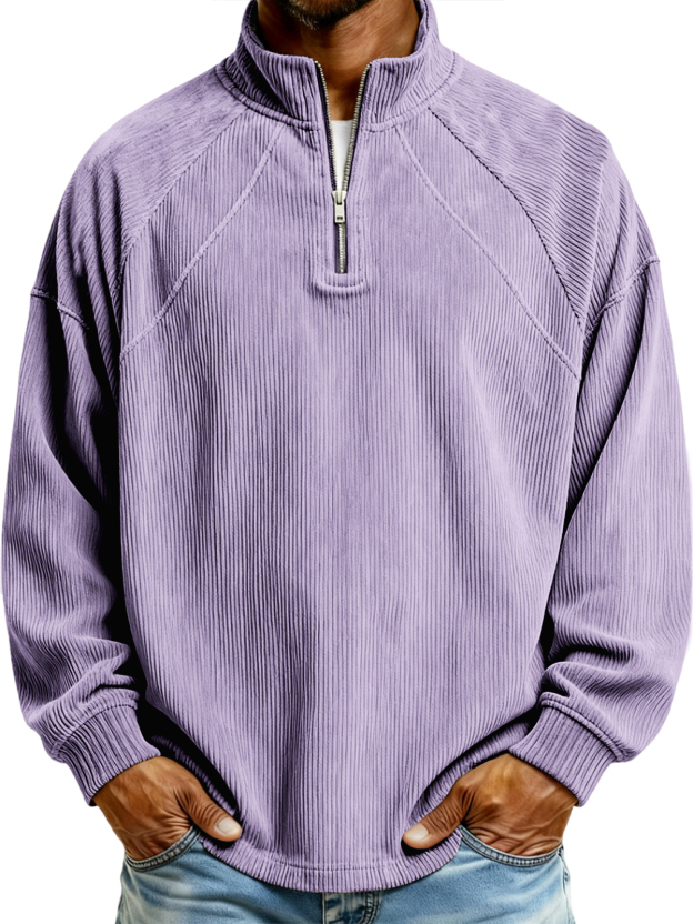 Men's Simple Corduroy Ribbed Quarter-zip Raglan Sleeve Pullover Polo Shirt