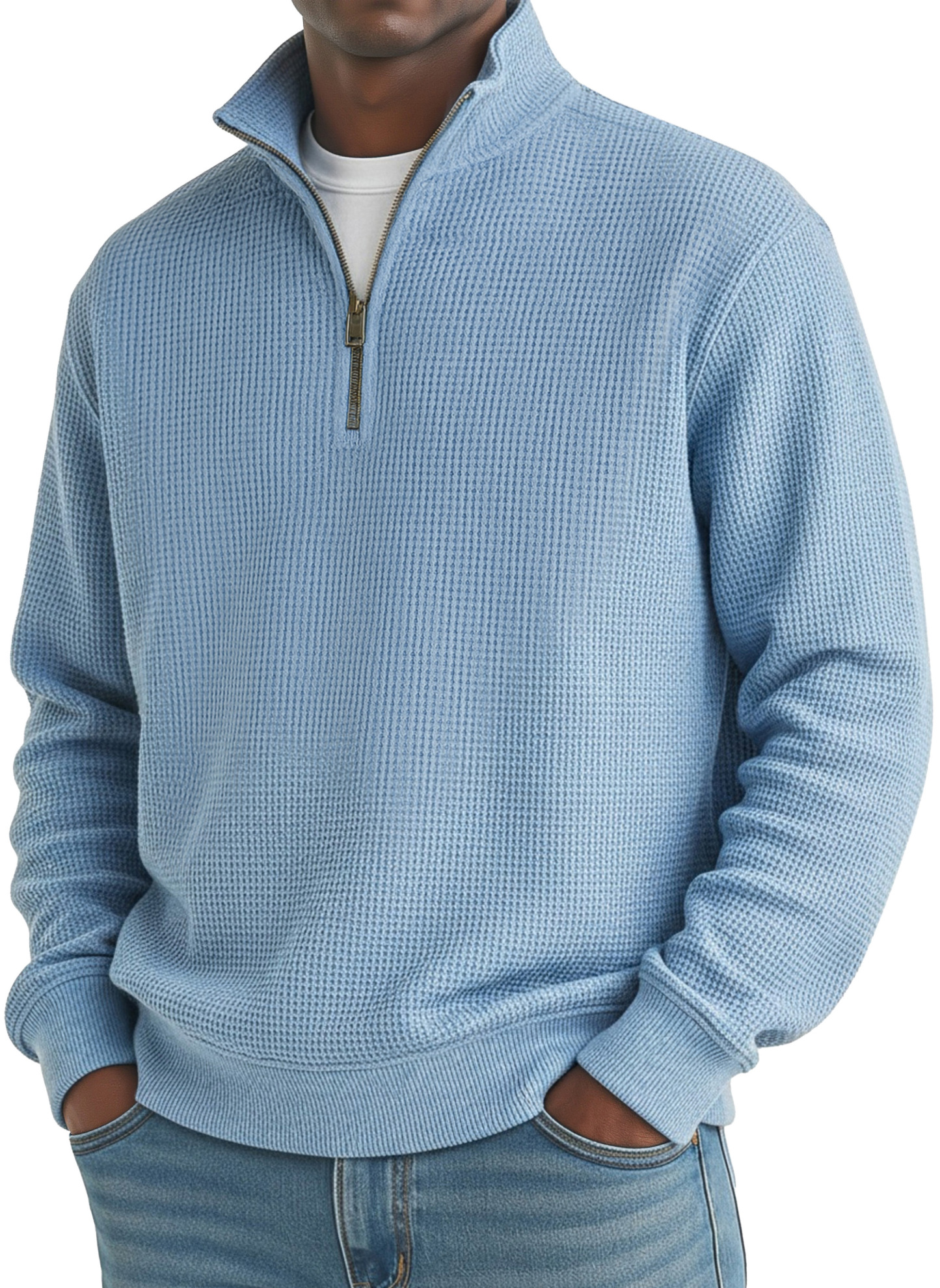 Men's Simple Loose Waffle Quarter-Zip Long Sleeve POLO Shirt